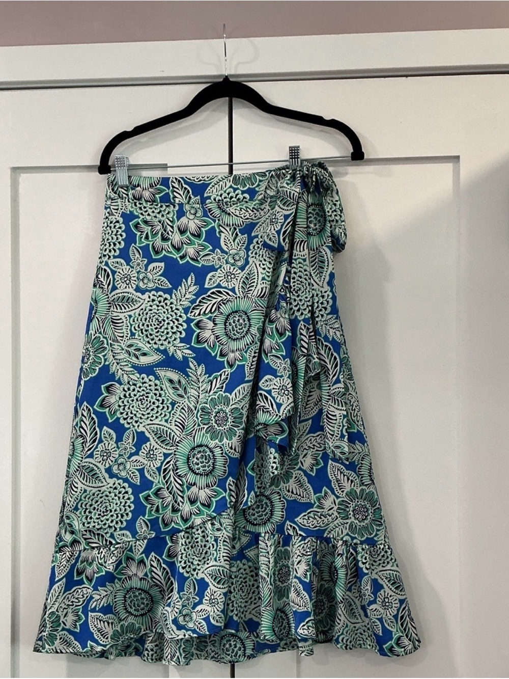 Blue Floral Wrap Maxi Skirt with Ruffle Hem